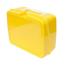 Childrens yellow plastic lunchbox on a white background